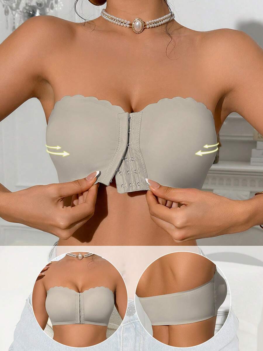 1pc Grey Front-Closure Scoop Neck Wireless Bra, Upgraded Wide Silicone Non-Slip Trim, Soft Comfortable Lining, Seamless Ladies Underwear - Grey - View 1