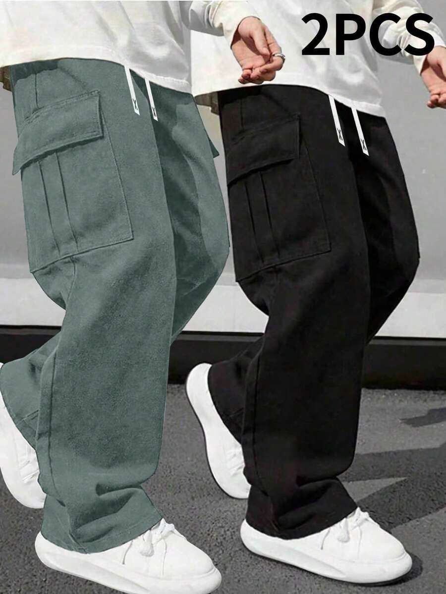 2件組 男童/青少年休閒運動戶外工裝褲，大口袋設計，春秋款，輕量聚酯纖維面料 - 灰色 - 查看 1