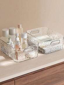 1/2pcs Water Ripple Texture Transparent Storage Box With Dual Handles, Acrylic Cosmetic Organizer Basket, Desktop Storage Box Suitable For Makeup, Skincare, Bathroom Countertop And Vanity - Clear - View 3