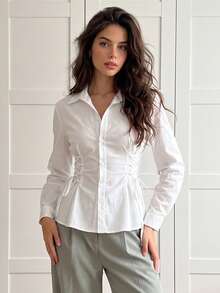 Women's Ruffle Trim Side Tie Long Sleeve Button Shirt, Casual Autumn Daily Commute Outing Date Outfit - White - View 9