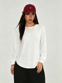 Women's Autumn/Winter Curved Hem Small Waffle Texture Elastic Sweatshirt, Suitable For Outdoor Leisure Sports Running Hiking Cycling, Daily Commute College Style Long Sleeve Top - White - View 4