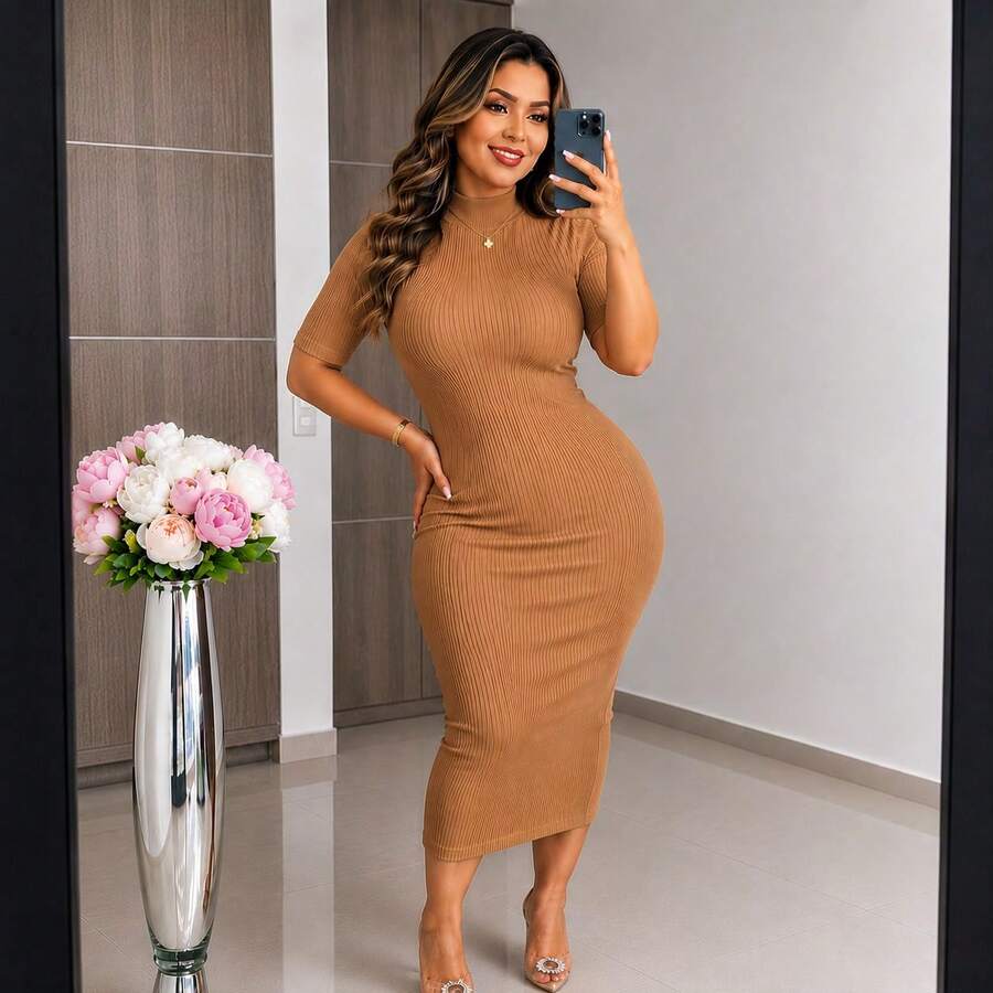 Women Midi Dresses - Camel - View 1