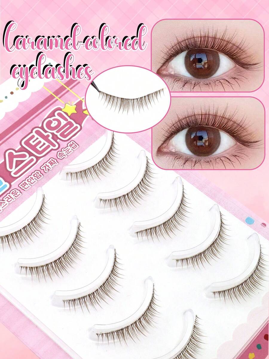 5 Pairs Brown Korean-Style Short 3D Natural Short False Eyelash Clusters, Bare Makeup Eyelashes, Invisible Natural Curl, Innocent Big Eye Eyelashes - Brown - View 1