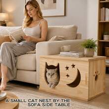 Natural Pine Wood Cat Bedside Table Cat House, Hollow Moon Star Cat Nest Side Table, Minimalist Home Decor Pet Furniture For Sofa Corner Bedroom - one-size - View 4