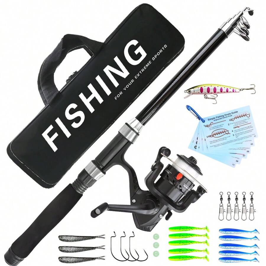 KecchKrezing Collapsible Telescopic Straight Handle Fishing Rod Set, Complete Fishing Tackle With Hard Baits, Soft Baits And Hooks Combination, Beginner Lake And River Bank Fishing Gear, With Carrying Storage Bag
