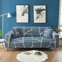 1pc Geometric Print Elastic Full Cover Sofa Slipcover, Modern Style Polyester Fabric, Sofa Home Protection Cover, Machine Washable, All Season - Navy Blue - View 10