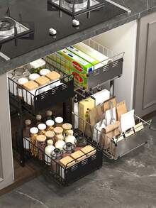 1pc Pull-Out Kitchen Cabinet Drawer, 2-Tier No-Drill Slide-Out Storage Rack, Space-Saving Cabinet Organizer, Suitable For Home Kitchen Use, Slide-Out Shelf For Kitchen Supplies Storage - Grey - View 1