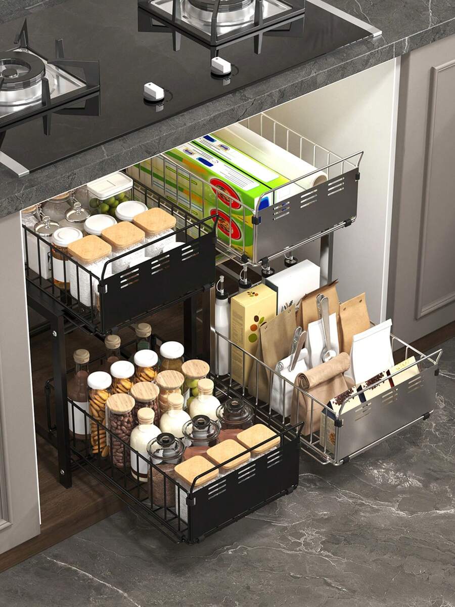 1pc Pull-Out Kitchen Cabinet Drawer, 2-Tier No-Drill Slide-Out Storage Rack, Space-Saving Cabinet Organizer, Suitable For Home Kitchen Use, Slide-Out Shelf For Kitchen Supplies Storage - Grey - View 1