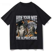 Y2K Retro Werewolf Funny Letter Graphic T-Shirt For Women, Viral Meme Pattern, Hip-Hop Loose Fit - 黑色 - 查看 1