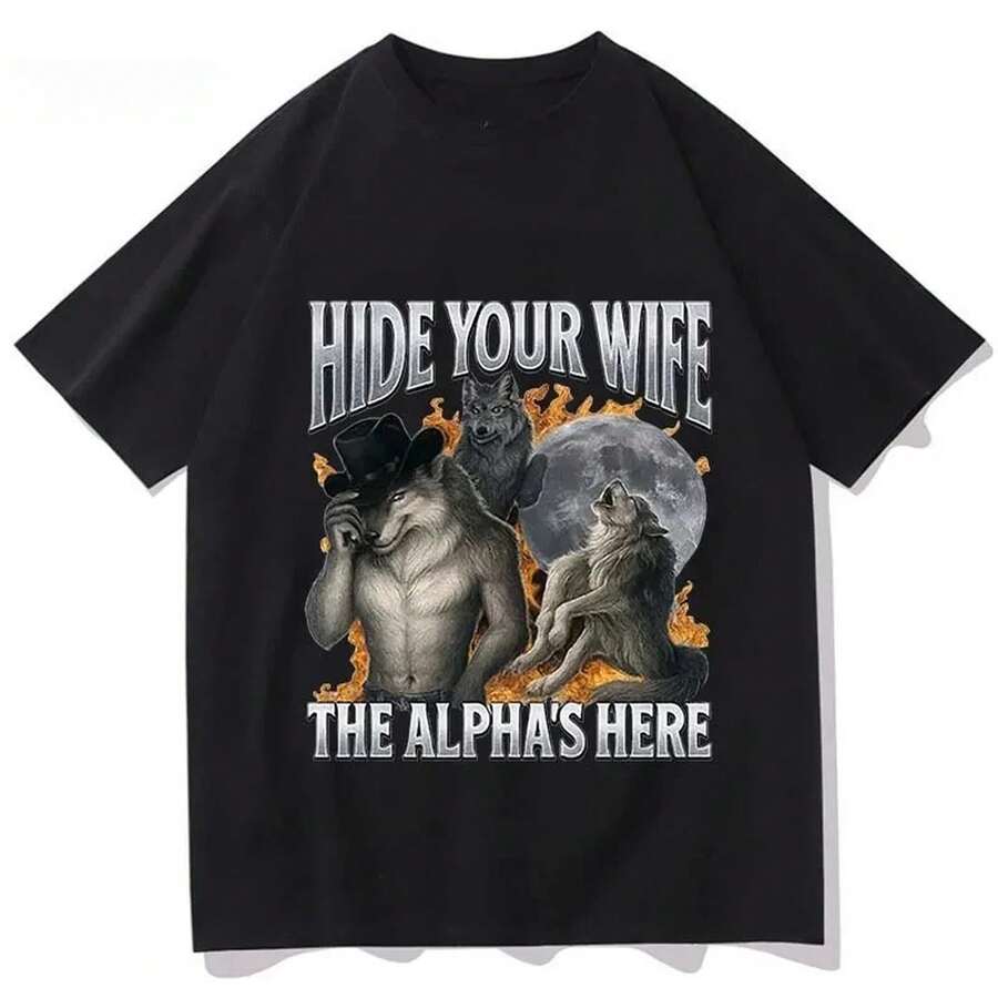 Y2K Retro Werewolf Funny Letter Graphic T-Shirt For Women, Viral Meme Pattern, Hip-Hop Loose Fit - 黑色 - 查看 1