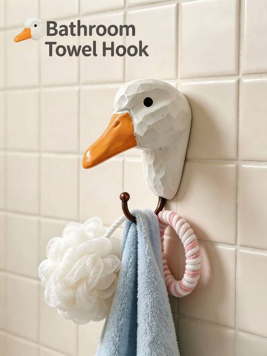 1pc Waterproof Resin Duck Head Bathroom Towel Hook, Cute Faux Wood Carved Texture White Duck Double Hook Wall Mount With Bronze Hook; Vintage Country Fun Animal Style Bathroom Kitchen Entryway Door Back Wall Decor, Suitable For Bathroom Wall, Kitchen Backsplash, Entryway Door Back, Bedroom Closet, Children's Room Soft Decoration; Fits Bathroom Renovation, Housewarming Gift, Creative Bathroom Accessory Gift For Animal Lovers - Multicolor - View 1
