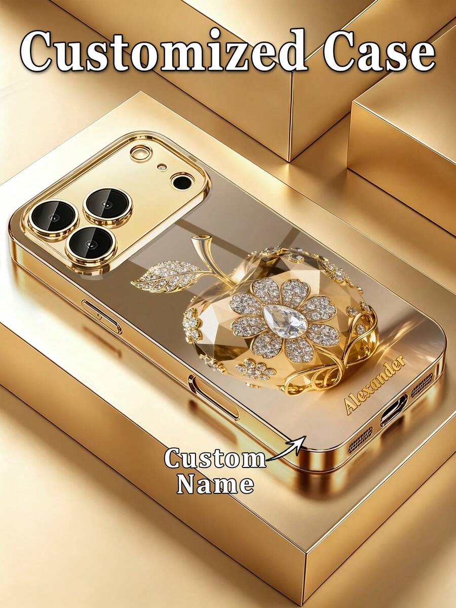 可愛簡約閃亮水鑽 1件可客製化姓名,金色玻璃手機殼 適用於 17 Pro Max/16 Pro Max/15/14 Plus/13 Pro/12 Pro Max/11/Xs Max/8/7/6 Plus,防刮,全息風格 - 金色 - 查看 1