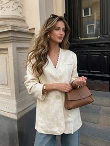 White Elegant Lace Patchwork Blazer Women's Luxury 2026 Autumn New Arrival High-End Casual Loose V-Neck Oversized Silhouette Suit Jacket - Apricot - View 1