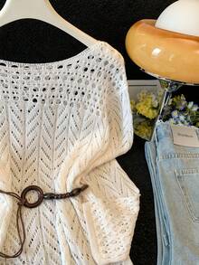 Sweater Rajut Putih Wanita, Lengan Reguler, Leher Bulat, Atasan Semi-Transparan, Sempurna untuk Musim Panas, Pantai, dan Musim Gugur - Aprikot - View 5