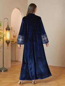 Autumn/Winter Warm Navy Blue Velvet Abaya, Silver Embroidery Rhinestone Stand Collar Long Kaftan Dress, Suitable For Eid Party, Wedding Occasions - Navy Blue - View 3