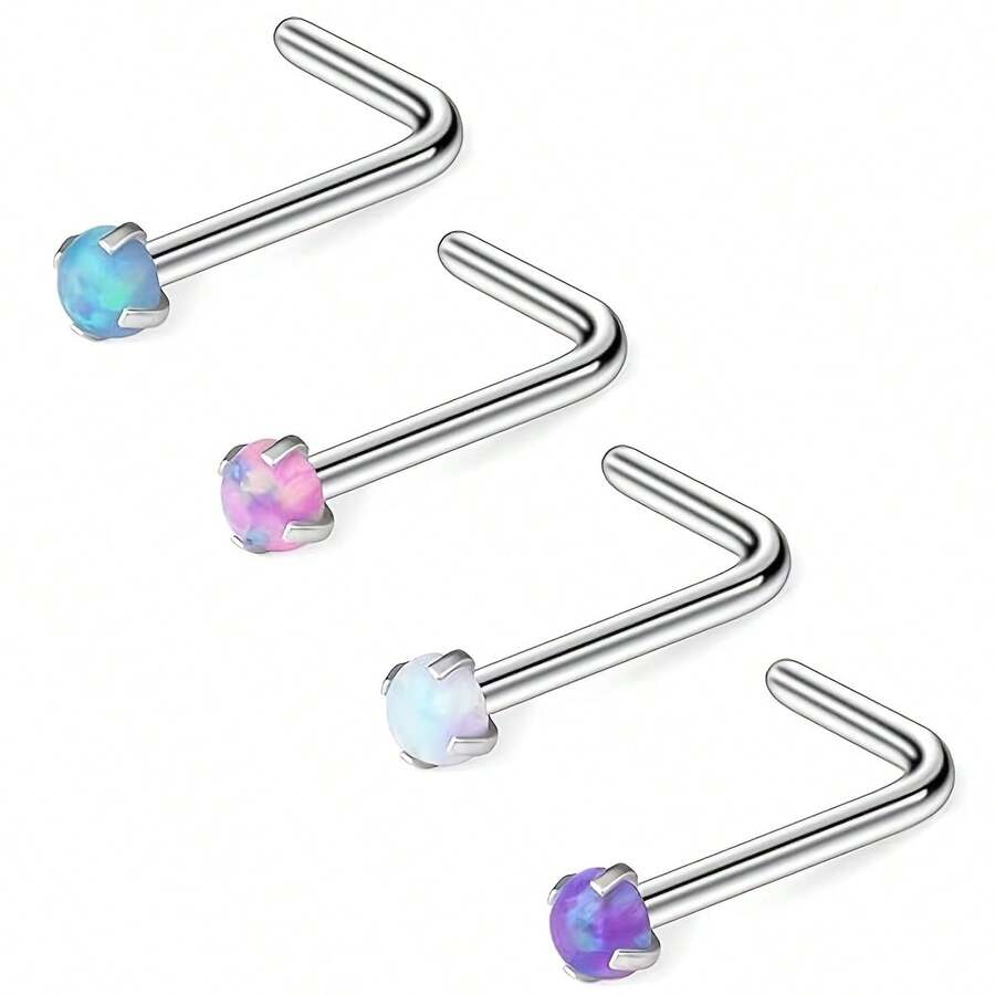 4PCS 20G Surgical Stainless Steel 2mm Opal Nose Screw L-Shaped Rings Studs Nose Piercing Stud Jewelry For Women Men - Silver - View 1
