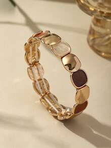 Cring Coco 2Pcs Vintage Coffee Color Block Enamel Stretch Bangle Set, Irregular Geometric Elastic Bracelets, Women Retro Textured Wide Bracelet Fashion Jewelry - Geometry 1 - View 2