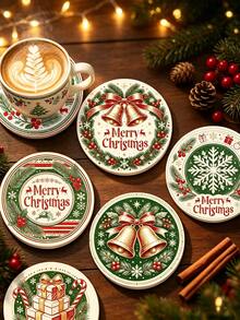 6/1pc Christmas Drink Coasters, Round Heat-Resistant Coffee Cup Mats, Santa Claus Snowman Reindeer Gingerbread Bear Gift Box Pattern, Holiday Table Decor, Ideal Christmas Gift, Home Kitchen Bar Stocking Filler - Multicolor - View 8