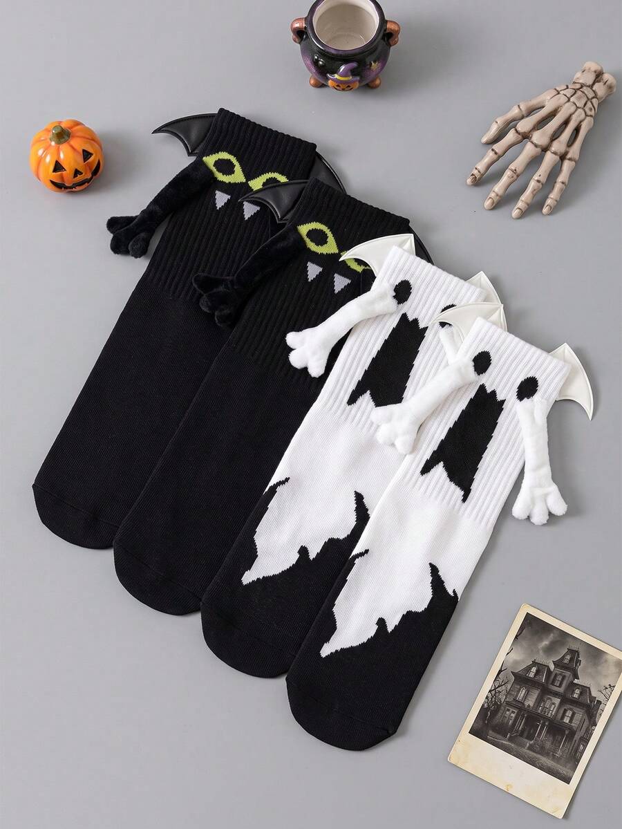 2/1 Pair Children's Socks Personalized Halloween Mid-Calf Magnetic Hand-Holding Socks Black & White Angel With Wings Socks - Multicolor - View 1