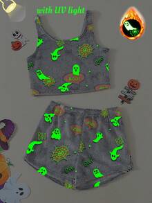 Women's Cute Halloween Ghost Glow-In-The-Dark Flannel Pajama Set, Fuzzy Vest + Shorts, UV Sensitive - Grey - View 1