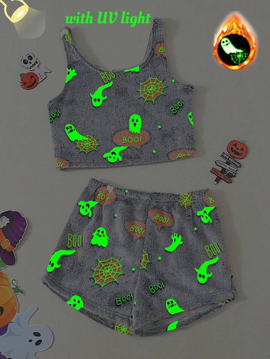 Women's Cute Halloween Ghost Glow-In-The-Dark Flannel Pajama Set, Fuzzy Vest + Shorts, UV Sensitive - Grey - View 1