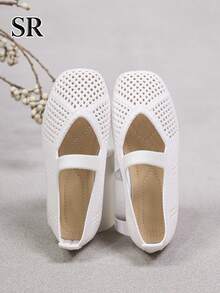 1 Pair Girls' White Hollow Knit Mary Jane Shoes, Comfortable Breathable Mesh Flat Casual Shoes For Daily And School Wear - White - View 5