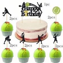1/13件裝網球主題生日蛋糕裝飾，Happy Birthday 蛋糕插牌，適合網球拍、球類運動員及其他運動主題生日派對用品，黑色亮片裝飾 - 彩色 - 查看 14