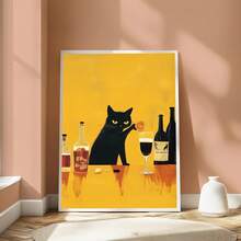 1pc Black Cat At Bar Counter Poster, Unframed Yellow Background Funny Cat With Cocktail Wall Print, Minimalist Cartoon Animal Wall Art, Decor Picture For Bar, Kitchen, Living Room, Home Wall Decor, No Frame - 111 - View 3