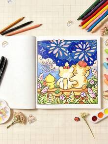 1pc "Springtime" CoCo Exquisite Spiral Bound Coloring Book, Marker Coloring, Featuring Super Cute Animal Characters, Simple Design Easy To Use, Relaxing And Soothing, Ideal Gift For Back To School And Holidays - Multicolor - View 6
