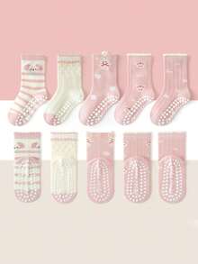 5 Pairs Kids Floor Socks, Pink Bow Rabbit Pattern, Non-Slip Gripper Bottom, Soft Sole, Indoor, Japanese Cartoon Mid-Calf Socks For Boys, Girls, Toddlers, Babies - Multicolor - View 12
