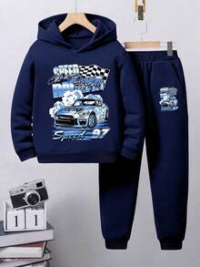 Tween Boy Car Print Hoodie And Sweatpants Set - Royal Blue - View 1