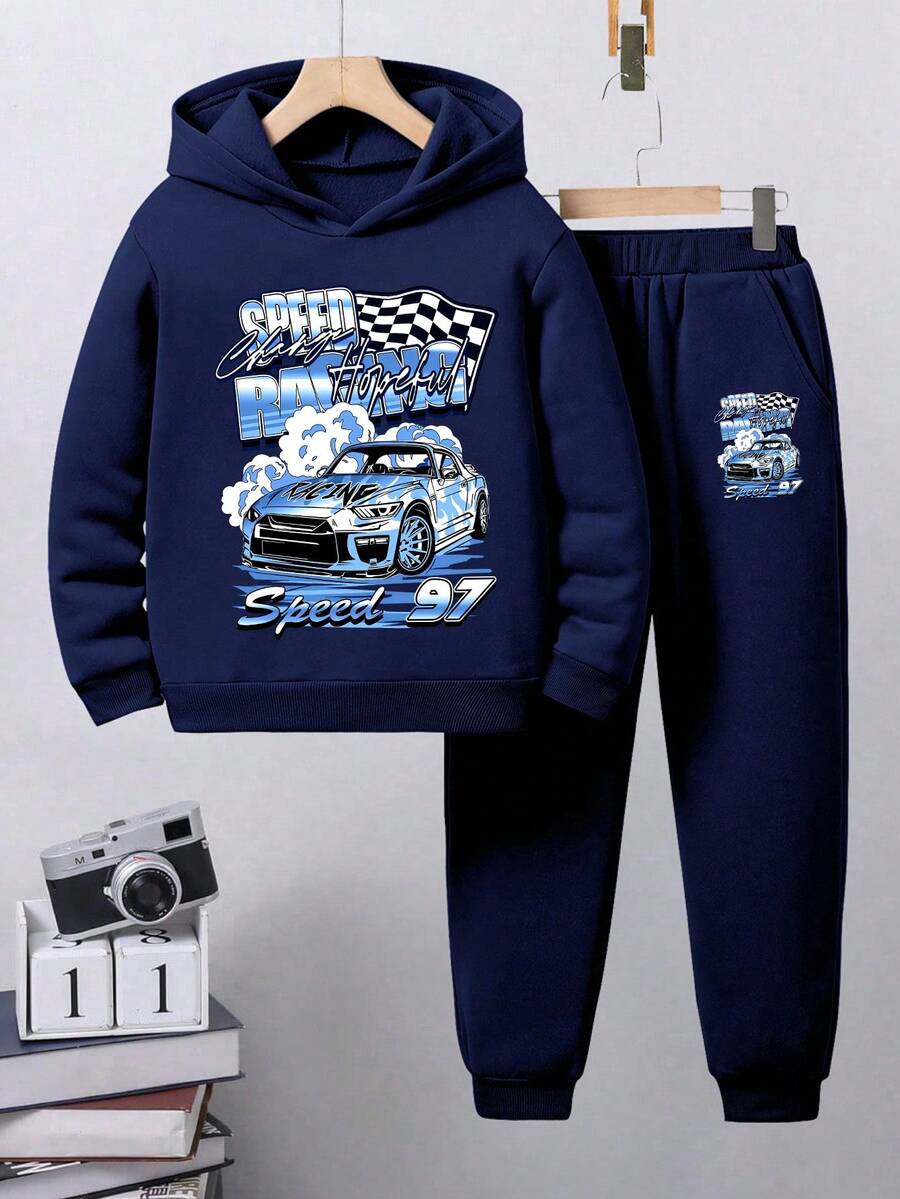 Tween Boy Car Print Hoodie And Sweatpants Set - Royal Blue - View 1