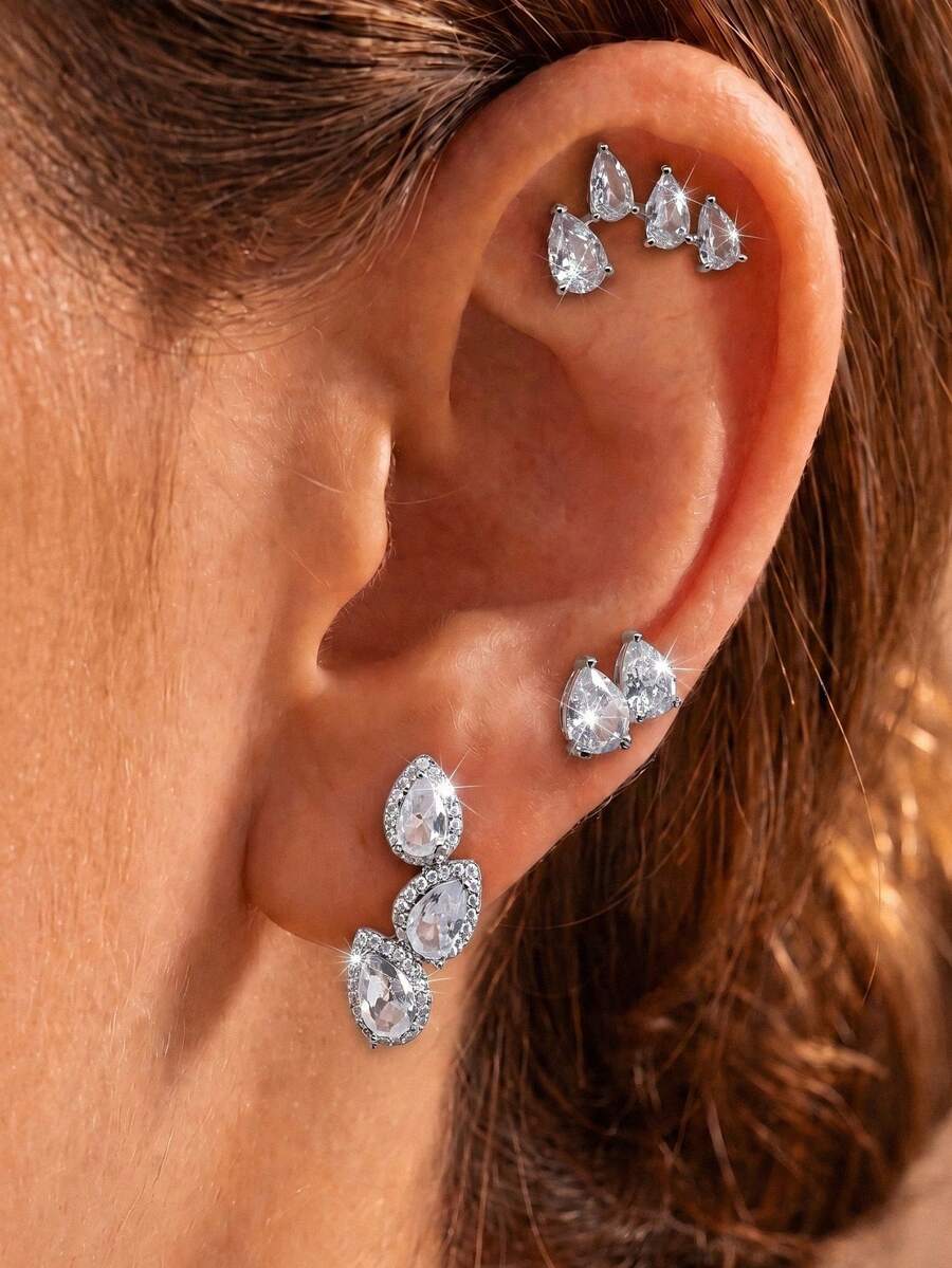 rakol 6pcs Silver Water Drop Cubic Zirconia Decor Stud Earrings Set
