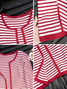 Cardigan Manis Bergaris Y2K dengan Trim Kontras, Rajutan Berusuk, Lengan Panjang, Manset Berbelah, Potongan Ramping, Atasan Sweater Pendek untuk Wanita Warna Merah Musim Gugur - Merah - View 9