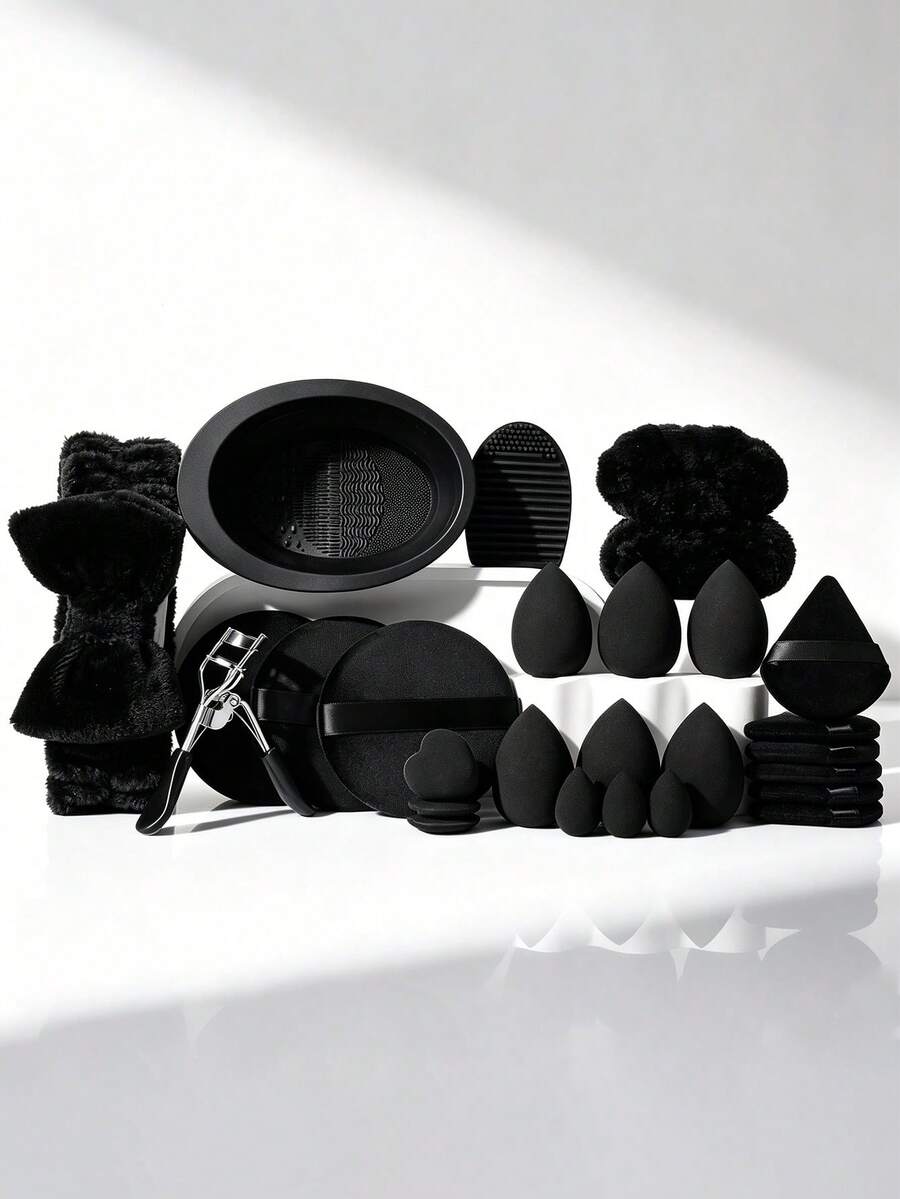 8/22pcs Makeup Tool Set, Includes Various Travel Makeup Tools, Powder Puff, Makeup Sponge, Makeup Remover Sponge, Suitable For Travel And Home Use - Black - View 1