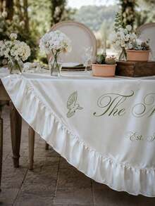 Customized Name Heart-Shaped Table Runner With Ruffle Edge, Personalized Established Date Satin Tablecloth, White Ruffle Edge Wedding Head Table Decor, Dove Pattern Embroidered Tablecloth, Bridal Shower, Reception, Engagement, Rehearsal Dinner, Farmhouse Wedding - Multicolor - View 7