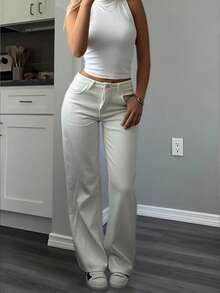 Vintage Old Money Style High-Waisted Straight Leg Loose Wide Leg Denim Jeans, Versatile Long Cotton Pants White Casual Fall - White - View 3