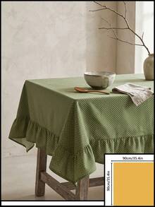 1pc Green Background White Polka Dot Pattern Ruffle Edge Tablecloth, Fresh Natural Style, Rectangular With Ruffle Edge And Pleated Detail, Decorative And Functional For Home Dining - Green - View 13