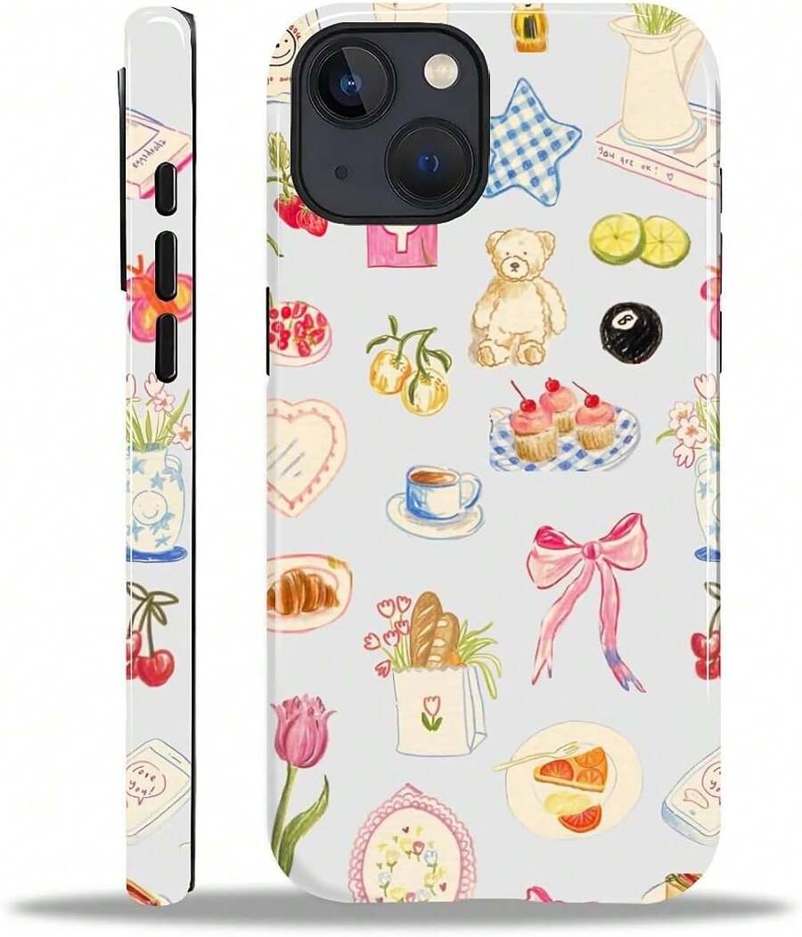 Compatible With IPhone 15 Case - Hybrid Heavy Duty 2 In 1 Full Body Rugged Shockproof Protection Glossy Case For IPhone 15 - Retro Patchwork Flower Bow - 白色 - 查看 1