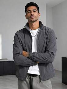 1pc Men's Jacket, Deep Gray Stand Collar Casual Jacket, Comfortable Skin-Friendly Woven Fabric + Mesh Lining, Loose Fit Slimming Style, Outdoor Functional Minimalist Casual, Suitable For Commuting And Outdoor Activities In Spring And Autumn - Dark Grey - View 1