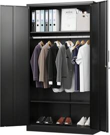 Armoire Wardrobe Closet 20 Inch Deep Metal Wardrobe Cabinet With And Shelves Hanging Rod Clothing Storage Cabinets Tall Freestanding Steel Clothes Organizer Armoire Bedroom Utility Room, Black - Black - View 3