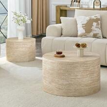 Set Of 2 Round Coffee Tables With Storage, Nesting Tables Wood-Look MDF, Approx. 62.8cm/44cm Diameter, Living Room Side Table With Removable Lid & Hollow Space - Wood - View 2