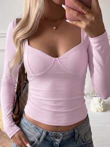 GLAMSKIN Women's Autumn Solid Color Sweet Square Neck Long Sleeve Knit Cropped Top, Sexy Slim Fit Basic T-Shirt, Back To School, Outing, Daily Streetwear - Light Pink - View 5