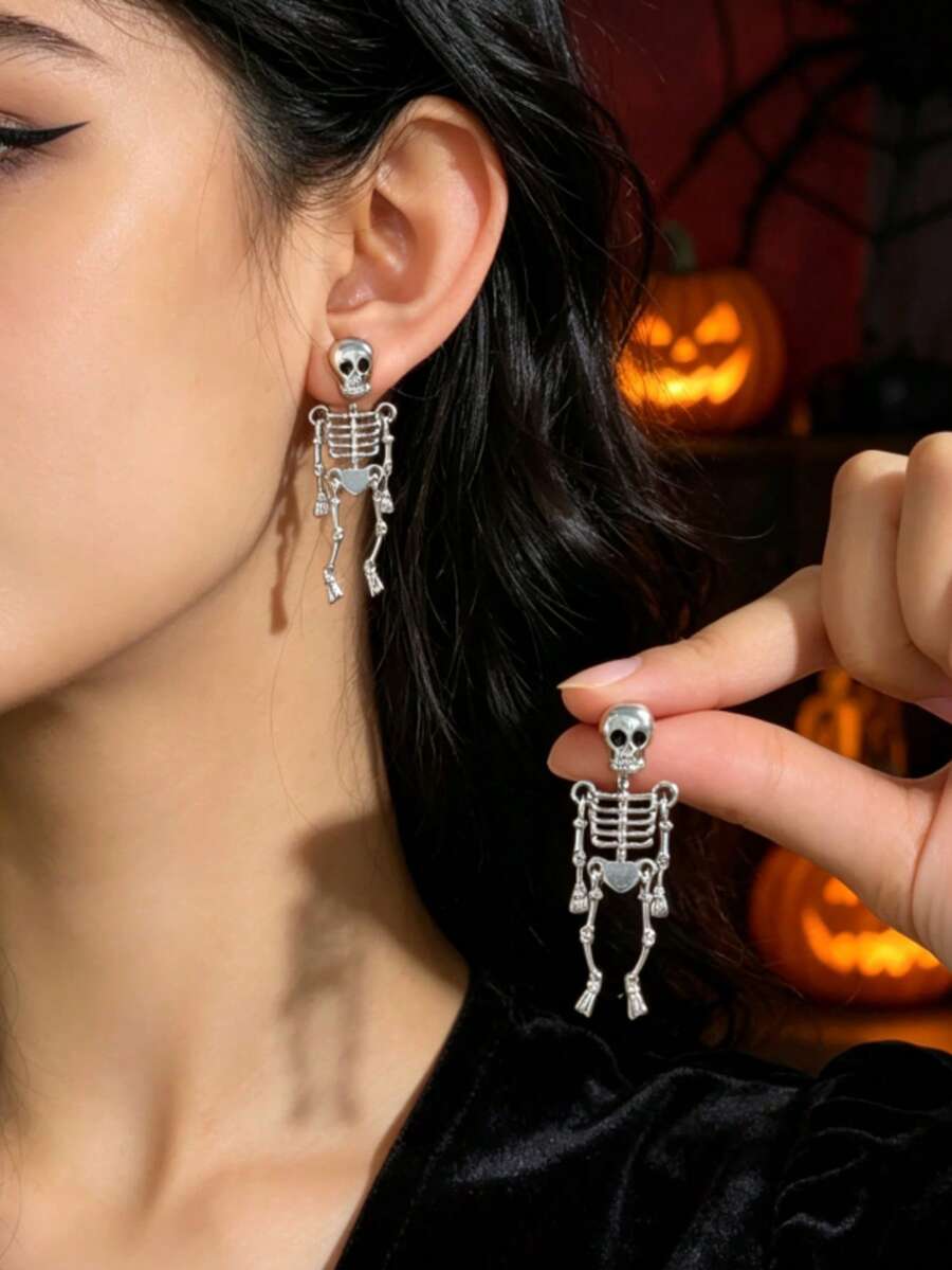 1 Pasang Anting Tengkorak Gothic Gelap Baru untuk Halloween, Perhiasan Telinga Kerangka Asimetris yang Dipersonalisasi - Perak - View 1