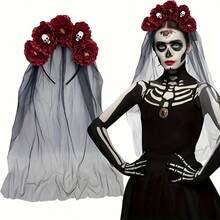 Dies' Gothic Floral Skull Hair Accessory With Veil, Day Of The Dead Floral Skull Hair Accessory, Suitable For Halloween Costume, Wedding - Multicolor - View 1