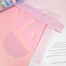 1pc Pink Ruler Set, 4-Piece Set, Macaron Color Scheme, Math Drawing Ruler Set, Includes Straight Ruler, Triangle Ruler, Protractor, Clear And Precise Scale, Transparent Frosted Material, Outstanding Appearance, Comes With Portable Storage Box, Organized And Easy To Store, Smooth Edges, For Hands, Suitable For Student Geometry Drawing, Classroom Calculation, Durable And Not Easily Deformed, Daily Math Learning, Complete Drawing And Measuring Stationery Set, Back To School Recommendation, Christmas, Halloween, Thanksgiving Gift - A - View 8