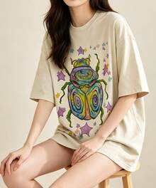 CottonWashable T-Shirt-Colorful Beetle Party Printed T-Shirt,Perfect For Everyday Wear,Gifts For Father'S Day-Summer Tops-New Summer Outfits For Women - 杏色 - 查看 2