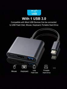 3-In-1 Type-C Multi-Function Hub, Type-C Adapter With 4K HDTV, USB3.0 And USB-C Charging Port, Digital AV Splitter For MacBook, Galaxy S8/S9 And Laptops. (Please Ensure Your Phone Supports HDTV Connection Before Purchase) - Multicolor - View 3