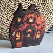 Estatueta Vintage de Casa de Abóbora de Halloween em Madeira, Casa Assombrada com Fantasma, Suporte de Abóbora, Decoração Rústica de Outono para Lareira, Ornamento para Criado-Mudo de Fazenda, Presente de Halloween - A - Visão 2