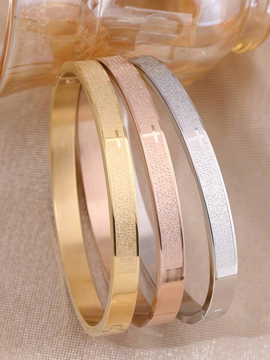 3pcs/1pc 18K Gold, Silver, Rose Gold Plated Stainless Steel Cross Bracelet Set, Engraved Letter Pattern Stackable Bracelet, Waterproof Rust-Proof Fade-Resistant Fashion Jewelry Gift, Suitable For Women - Multicolor - View 1